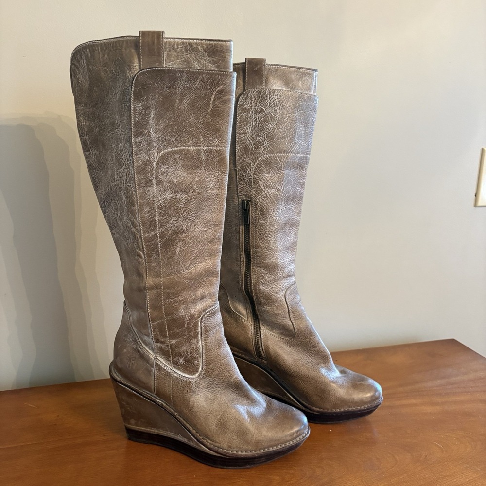 Frye Paige Wedge x Stitch Slate Burnished Antique Leather Knee High Boots Size 9